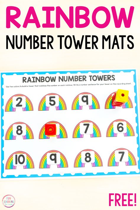 Rainbow number towers math activity for developing number sense and learning number composition in preschool and kindergarten. A fun rainbow theme math center activity for spring! Number Towers Kindergarten, Number Sense Activities, Rainbow Activities, Addition Activities, Weather Theme, Free Preschool Printables, Math Center Activities, Kindergarten Math Activities, Number Activities