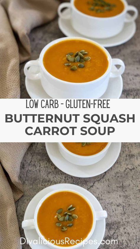 Butternut Squash and Carrot soup Paleo Butternut Squash Soup, Butternut Squash And Carrot Soup, Squash And Carrot Soup, Baking With Coconut Flour, Soup Creamy, Keto Gluten Free, Coconut Soup, Keto Low Carb Recipes, Low Carb Vegetarian