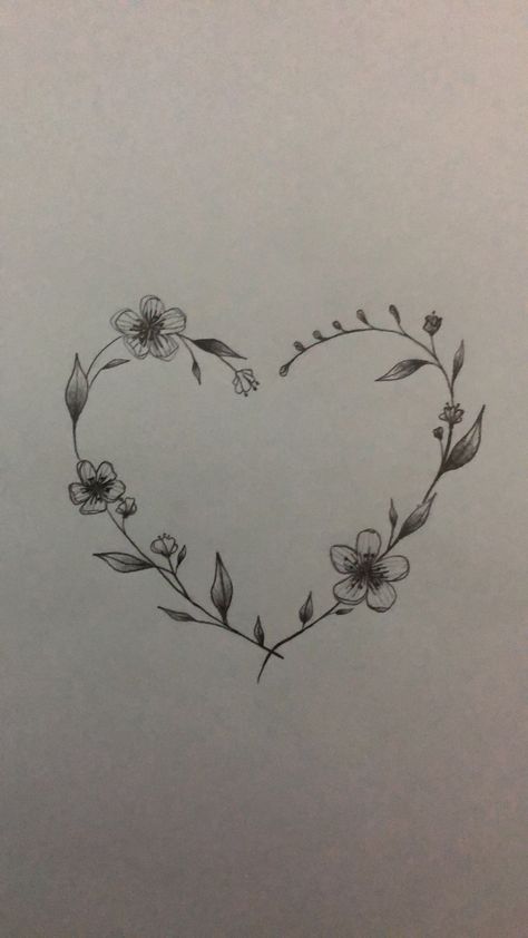 Flower Heart Around Knee Tattoo, Heart Tattoo Made Of Flowers, Floral Love Heart Tattoo, Plant Heart Drawing, Floral Heart With Names Tattoo, Flower Vine Heart Tattoo, Flowers In Shape Of Heart Tattoo, Larkspur Heart Tattoo, Water Lily Heart Tattoo