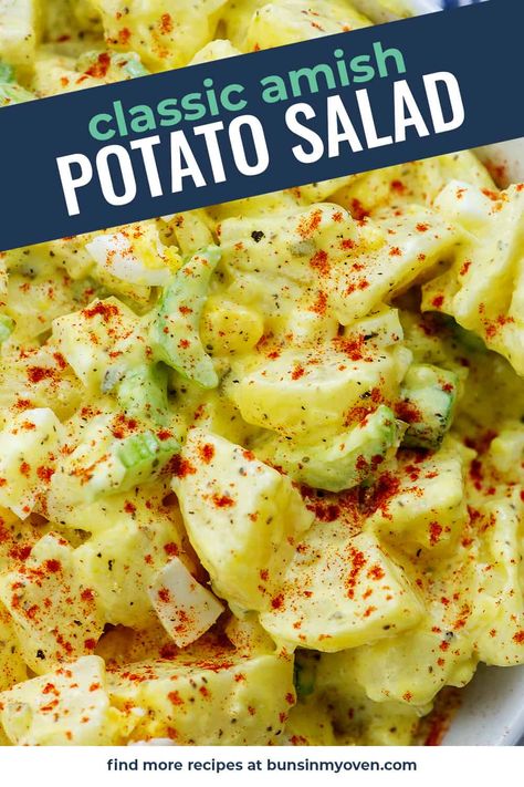 This Amish Potato Salad is a riff on the Walmart potato salad in their deli. It's sweet, creamy, and perfect for a summer barbecue! #amish #potato #salad #recipe Amish Potato Salad Recipe, Creamy Salads, Amish Potato Salad, Amish Potato Salads, Amish Macaroni Salad, Macaroni Salads, Southern Foods, Salty Recipes, Best Potato Salad Recipe