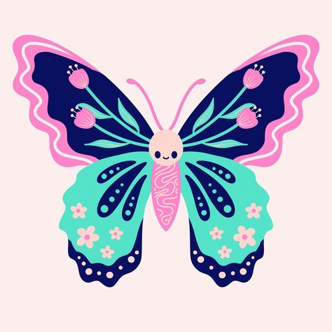 Hi everyone, here is my version of the #DrawThisWeek ‘Folk Butterfly’ from the Kawaii Drawing Club by @tatyanadeniz I did have a go at the original tutorial version (slide 2), but it went a bit wrong. So I just tried to draw a butterfly using the lineless technique, and applied the 50/50 head/body ratio, then added some henna-style doodles, which I’ve done in the past to a lot of my non-digital art. 🦋 I also turned this image into a sticker-effect, which I really like. Have a great day! ⭐... Digital Butterfly Art, Folk Butterfly, Butterfly Doodle, Kawaii Butterfly, Draw A Butterfly, Digital Butterfly, Butterfly Cartoon, Tufting Ideas, Kawaii Drawing