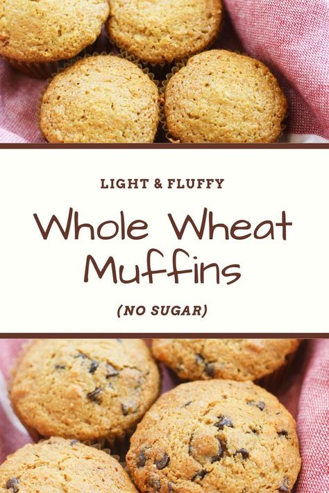 Freshly baked whole wheat muffins, with or without chocolate chips. Whole Wheat Banana Bread Muffins, Whole Wheat Muffin Recipes, Whole Wheat Flour Muffins, Wheat Muffins, Sugar Free Muffins, Wheat Flour Recipes, Fiber Recipes, Flax Muffins, Dairy Free Muffins