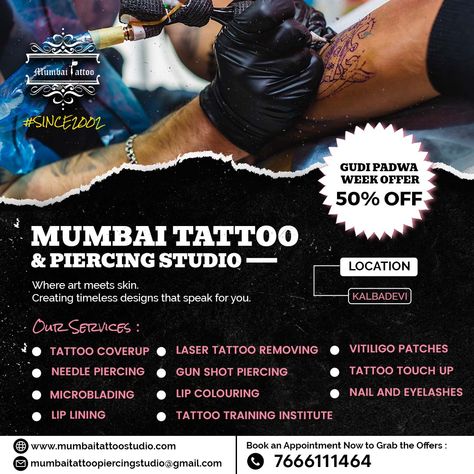 Express yourself with Mumbai Tattoo & Piercing Studio's wide range of services including Permanent Tattoo, Tattoo Cover Up, Laser Tattoo Removal, Body Piercing, and many more. Book your appointment now and get ready to show off your unique style. 📞 7666111464 #mumbaitattoo #mumbaitattoostudio #tattoo #tattooartist #tattootraining #piercing #tattooremoval #earpiercing #lasertattooremoval #tattoostudio #piercingstudio #tattooartist #tattooandpiercing #offer #summerspecial Tattoo Touch Up, Gudi Padwa, Laser Tattoo, Laser Tattoo Removal, Piercing Studio, Tattoo Cover-up, Tattoo Cover Up, Cover Up Tattoo, Tattoo Cover