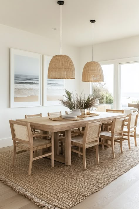 ♥ Are you dreaming of a coastal dining room to impress your guests? Dive into the charm of this coastal cottage-inspired space with coastal wallpaper and a coastal aesthetic. Get inspired for your small dining room decor with elegant dining room ideas. 🌊✨ #diningroomdecor #coastalliving #diningroomdesign Dining Room With Open Kitchen, Light Colored Dining Room Table, Coastal Conference Room, Transitional Coastal Dining Room, Natural Dining Room Ideas, Modern Beach Dining Room, Dining Room Design Open Concept, Dining Room Design Inspiration, Coastal Traditional Decor