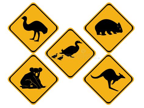 Australian wildlife road signs vector illustration Australian Road Signs, Yellow Road Signs, Animals Silhouette, Yellow Road, Poster Punk, Funny Road Signs, Australian Road Trip, Disney Princess Tattoo, Alternative Disney