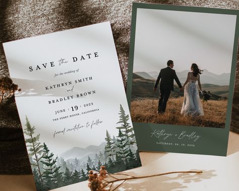 "Mountain Save The Date Template, Woodland Photo Wedding Save The Dates, Forest Pine Wedding Date, Printable Rustic Sage Save The Date Cards, Instant Download ------------------------------------------------------------------------ THIS FILE IS AN EDITABLE DIGITAL FILE. (COMPUTER, MOBILE DEVICE) DIGITAL FILES ONLY NO PRINTED MATERIALS ------------------------------------------------------------------------ ★BUY MORE & SAVE MORE★ * You get a 40% discount when you buy 3 or more items. Coupon code \"3BP40\" ------------------------------------------------------------------------ [TRY BEFORE YOU BUY] Demo this item now! Copy and paste the URL below to demo https://www.corjl.com/d/3N098C ------------------------------------------------------------------------ [EDIT YOUR ITEMS AT \"Corjl.com\" Wedding Invite Styles, Nature Save The Date, Save The Dates Wedding, Rustic Save The Date Ideas, Rustic Save The Date, Save The Date Rustic Wedding, Save The Date Ideas For Weddings, Forest Save The Date, Mountain Save The Date Ideas