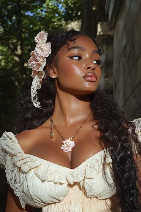 Black Ingenue Aesthetic, Ethereal Black Women, Stomach Hair, Blasian Woman, Brown Skin Women, Black Cottagecore, Afro Latina, Black Princess, Black Queens