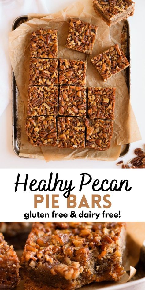 These Healthy Pecan Pie Bars are rich, chewy, crunchy, and of course delicious! Made with a shortbread like almond flour crust and a gooey maple syrup sweetened pecan filling, these easy bars are the perfect holiday dessert. They taste just like the classic pie, but without any of the corn syrup and much less effort needed. Gluten free & dairy free too! Gluten Free Pecan Pie Bars, Dairy Free Pecan Pie, Healthy Pecan Pie Bars, Healthy Pecan Pie, Dairy Free Deserts, Gluten Free Pecan Pie, Easy Bars, Pecan Pie Bar, Pecan Pie Bars Easy