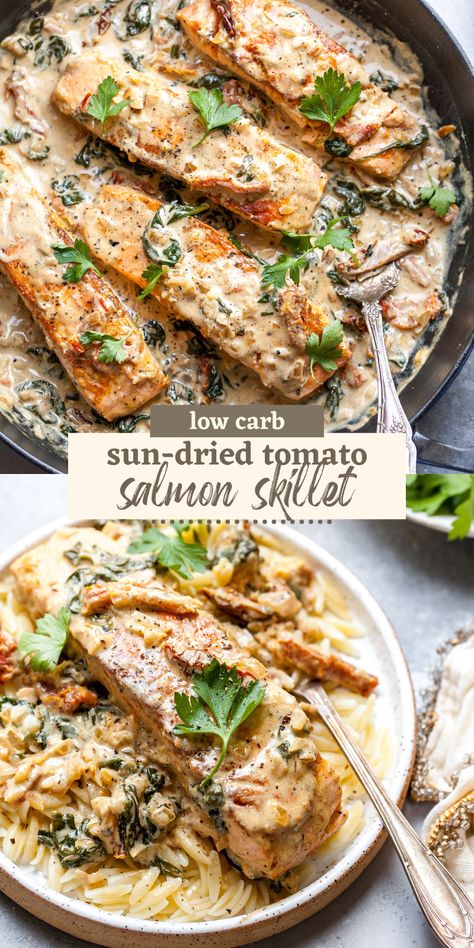 Salmon Skillet with Sun-Dried Tomato Cream Sauce is the ultimate 30 minute weeknight dinner. Serve over your grain of choice for a restaurant-quality meal the whole family will love. Creative Dinners, Salmon Skillet, Easy Fish Dinners, Dishing Out Health, Tomato Cream Sauce, School Lunch Recipes, Pan Fried Salmon, Kitchen Confidential, Drink Inspiration