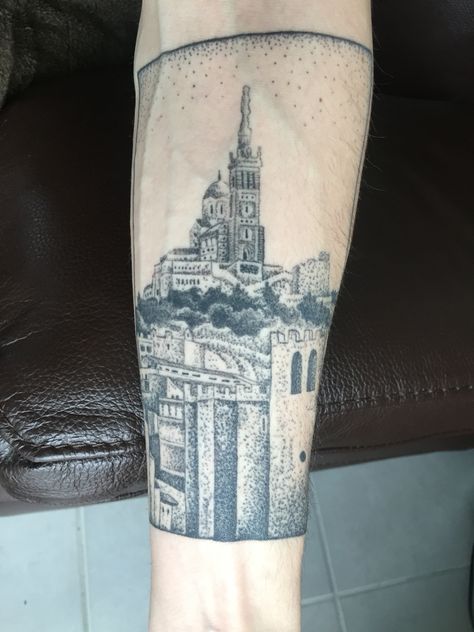 Marseille La Bonne Mère / Notre Dame de la Garde Dotwork tattoo  Tatouage travail au point Audrey Selva The Fox Apocathery  Montpellier France Montpellier France, Dotwork Tattoo, Montpellier, The Fox, Notre Dame, Triangle Tattoo, Tattoo Ideas, Coco, Fox