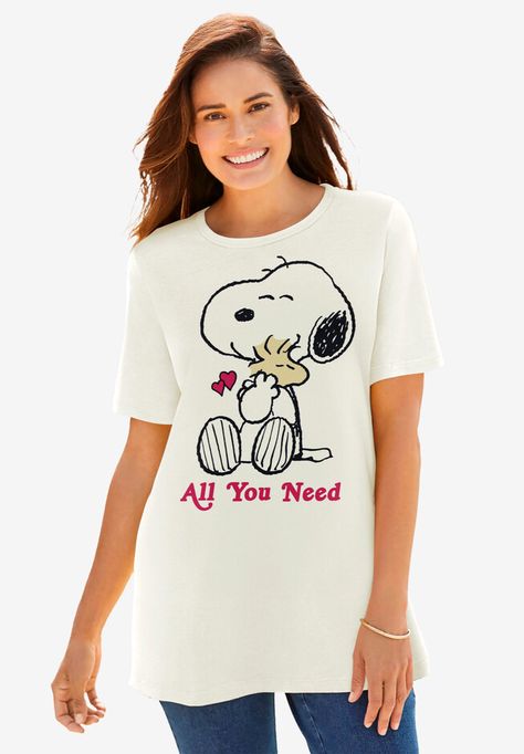 Peanuts Women’s Short Sleeve Valentine’s Day Snoopy Hug Valentines Day Snoopy, Snoopy Hug, Peanuts Characters, Snoopy Love, Womens Scrubs, Swimsuits For All, New Tops, City Chic, Denim Shop