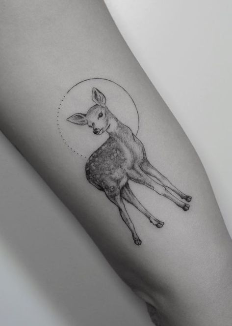 Deer And Bird Tattoo, Deer Fawn Tattoo, Doe Deer Tattoos For Women, Deer Tattoo Feminine, Roe Deer Tattoo, Doe And Fawn Tattoo, Two Headed Deer Tattoo, Fawn Tattoo Minimalist, Doe Tattoo Simple