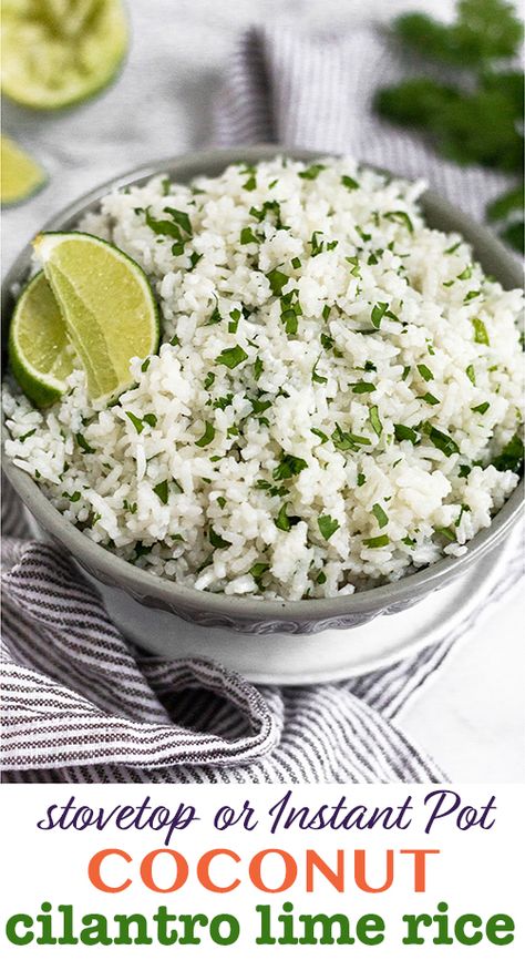 Sweet coconut, zesty lime, and fresh cilantro make this Coconut cilantro lime rice is an absolutely delicious (and easy) side dish. It pairs with just about anything (tacos, stir fry, curries...) and it can be made on the stovetop or Instant Pot. A must for your next dinner! - Eat the Gains #rice #coconutrice #cilantrolimerice #easysidedish #instantpotrecipe #healthysidedish #instantpot Coconut Lime Rice Instant Pot, Coconut Lime Cilantro Rice, Coconut Cilantro Rice, Cilantro Fried Rice, Coconut Lime Rice, Cilantro Lime Rice Recipe, Lime Rice Recipes, Cilantro Rice, Lime Rice