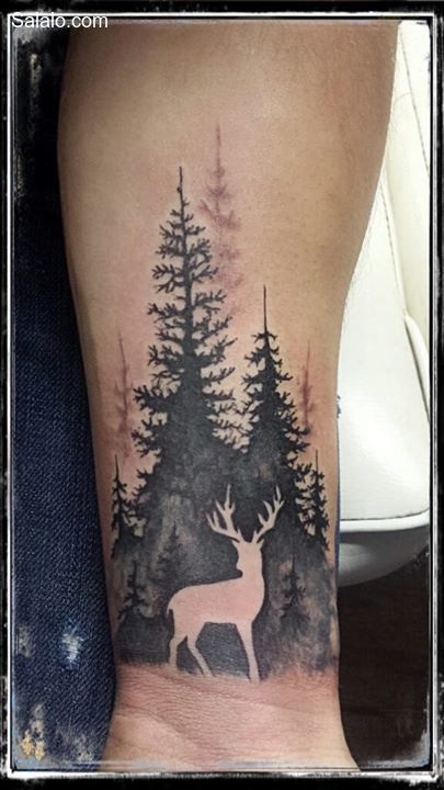 Men’s Sleeve Tattoo Ideas Country, Deer Scene Tattoo, Female Hunter Tattoo, Forest Deer Tattoo, Deer Forest Tattoo, Woodsy Tattoos, Hunter Tattoo Ideas, Guy Tattoos, Forest Tattoo Sleeve