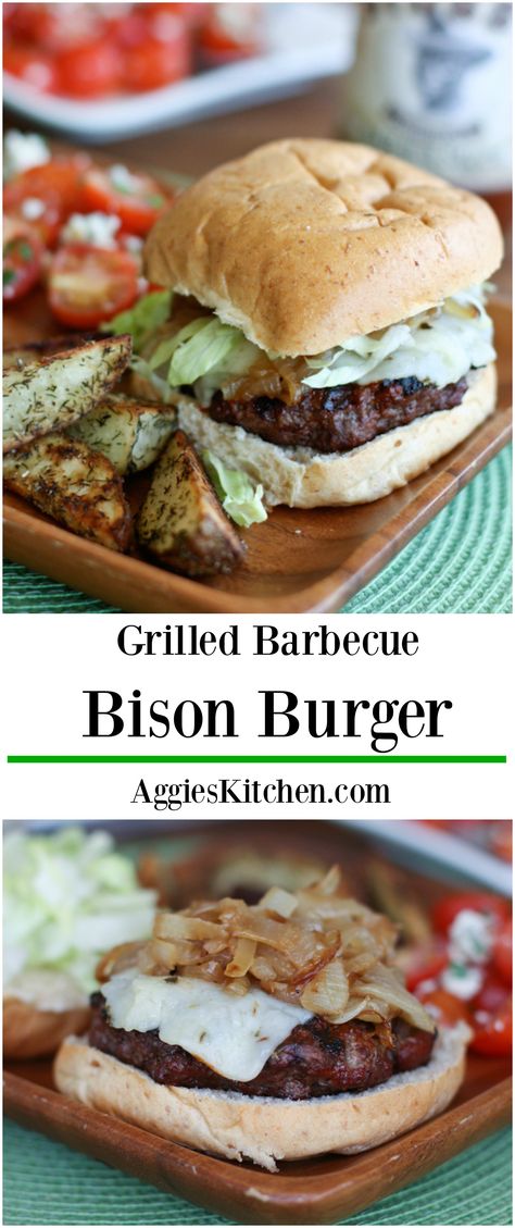 Try a lean Grilled Barbecue Bison Burger for a healthier alternative to your traditional hamburger - they are juicy and flavorful with less guilt! Burgers In The Oven, Bison Burger Recipe, Cheeseburger Recipes Homemade, Burgers On The Stove, Burger Board, Homemade Hamburger Patties, Best Homemade Burgers, Grilled Burger Recipes, Bison Recipes