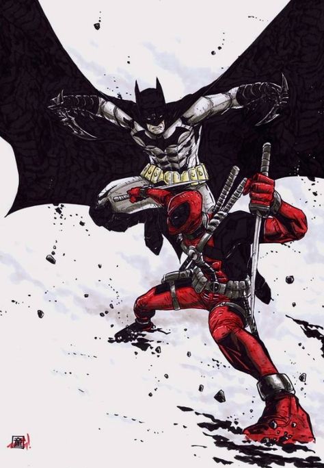 Batman Vs Deadpool by Andie Tong New 52 Batman, Marvel And Dc Crossover, Batman Artwork, I Am Batman, New 52, Batman Universe, Im Batman, Marvel Vs Dc, Deathstroke