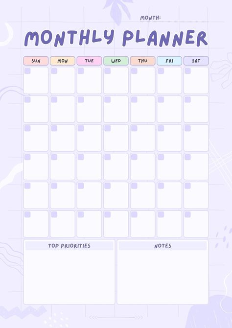 Digital Monthly Planner Template, Canva Monthly Planner, Cute Monthly Planner Template, Monthly Planner Bullet Journal, Cute Monthly Planner, Study Planner Purple, Purple Planner Template, Cute Calendar Template, Cute Daily Planner Template