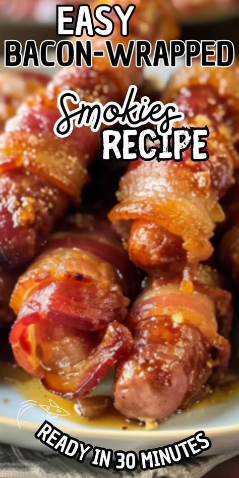 Easy Bacon-Wrapped Smokies – bite-sized bundles of savory goodness that are sure to be the star of any gathering. Picture plump cocktail sausages enveloped in crispy bacon, glazed with a sweet and tangy sauce that's simply irresistible. Whether served as a crowd-pleasing party snack or Bacon Wrapped Lil Smokies, Wrapped Smokies, Bacon Wrapped Sausages, Smokies Recipe, Bacon Wrapped Smokies, Sausage Wrap, Cocktail Sausages, Brown Sugar Bacon, Wrapped In Bacon