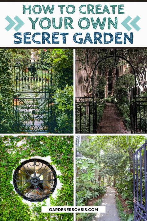 Lots of beautiful ideas for creating a secret garden room in your own backyard. A wrought iron gate looking into a courtyard is something I would love to have in my garden. Secret Garden Ideas, Magical Backyard, Charleston Gardens, Relaxing Backyard, Backyard Shade, Backyard Plan, Hidden Garden, Diy Gardening, Secret Gardens