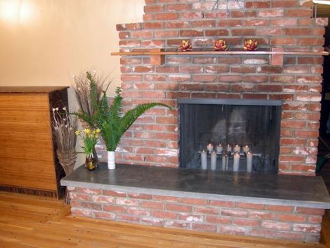 Concrete Fireplace Hearth, Diy Concrete Fireplace, Fireplace Hearth Stone, Concrete Hearth, Hearth Ideas, Granite Hearth, Red Brick Fireplaces, Craftsman Fireplace, Hearth Stone