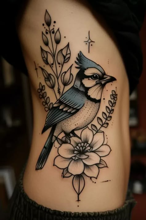 American Traditional Bluebird Tattoo, Red And Blue Bird Tattoo, Blue Jay Tattoo Men, Neo Traditional Blue Jay Tattoo, Blue Jay Outline Tattoo, American Traditional Blue Jay Tattoo, Blue Jay Tattoo Small Black And White, Large Tattoo Cover Up Ideas, Blue Bird Tattoo Black And White