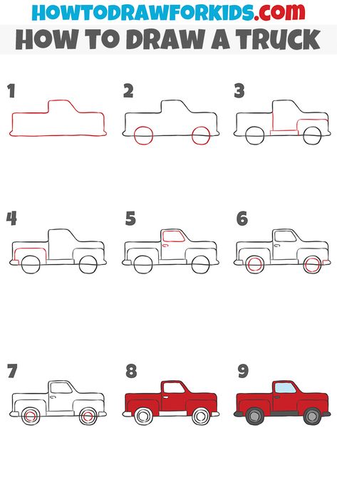 Truck Drawings Easy, Truck Doodle, How To Draw Cars Easy, How To Draw Truck, Truck Drawing Easy, How To Draw A Truck, Simple Truck Drawing, How To Draw A Truck Step By Step, Truck Drawing Easy Step By Step