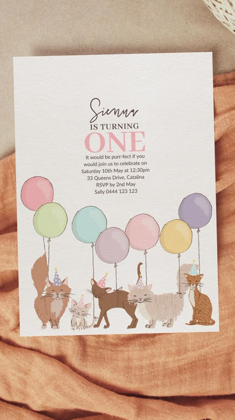 Cat Themed Birthday Party Invitations, Cats Birthday Theme, Cat Themed 1st Birthday Party, Cat Invitations Birthday, Cats And Dogs Birthday Party, Kitten Party Ideas, Kitten Birthday Party Ideas, Kitten Themed Birthday Party, Cat Birthday Party Ideas