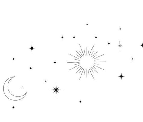 Sun Moon And Stars Tattoo Collar Bone, Celestial Shoulder Tattoo, Minimal Space Tattoo, Star Pattern Tattoo, Minimal Moon Tattoo, Shoulder Tattoo Stencil, Star Tattoo On Shoulder, Small Girly Tattoos, Tattoos To Cover Scars