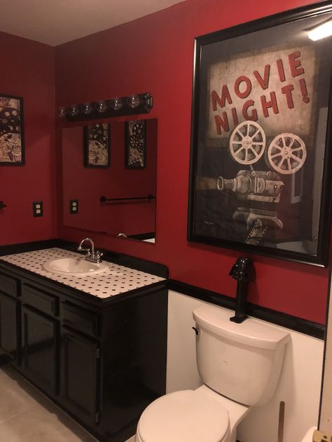 Home Theater Bathroom Ideas, Movie Theater Bedroom Ideas, Movie Theme Bathroom Ideas, Movie Themed Bathroom, Movie Theater Bathroom Ideas, Movie Theater Bathroom, Cinema Bathroom, Movie Bathroom Scene Decor, Movie Bathroom