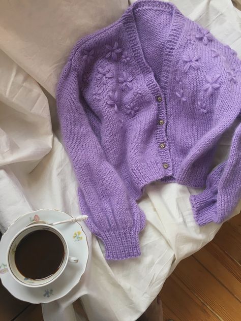 #knitwear #cardigan #embroidery #lavender Lavender Clothes Aesthetic, Lavender Sweater Outfit, Cardigan Outfits Aesthetic, Purple Sweater Outfit, Oversized Cardigan Outfit, Pullover Sweaters Outfits, Cardigan Embroidery, Pastel Cardigan, Lavender Cardigan