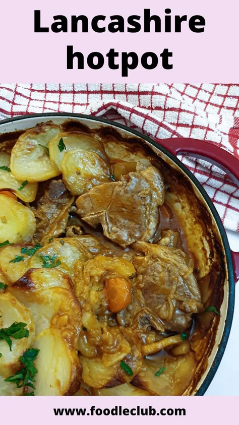 Closeup of a dish of Lancashire hotpot, with part of the potato topping removed to show the meat. Lamb Hotpot Slow Cooker, Lancashire Hotpot Lamb, Slow Cooker Hotpot, Lancashire Hot Pot Recipe, Lamb Hotpot Recipes, Lamb Chop Casserole Recipes, Lamb And Potatoes Recipes, Lamb Chop Stew, Lamb Chop Casserole