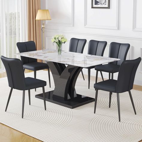 PRICES MAY VARY. 【7 PCS Dining Table Set】1 Table and 6 Chairs: The Pandora patterned marble tabletop with an all-black base is sleek and elegant. Classic four legged comfortable dining chairs complement the table. A perfect match for both modern and mid-century decor. 【Modern 67” Dining Table】The table top is made of 0.39-inch thick tempered glass, combining the glossy look of marble with the durability of tempered glass. Stylish unique support leg design with black rectangular sturdy base. More Black Kitchen Tables, Dining Table Set For 6, Cushion Chairs, Rectangular Dining Room, Black Kitchen Table, Marble Dining Table Set, Faux Marble Dining Table, Rectangular Dining Room Table, White Kitchen Table