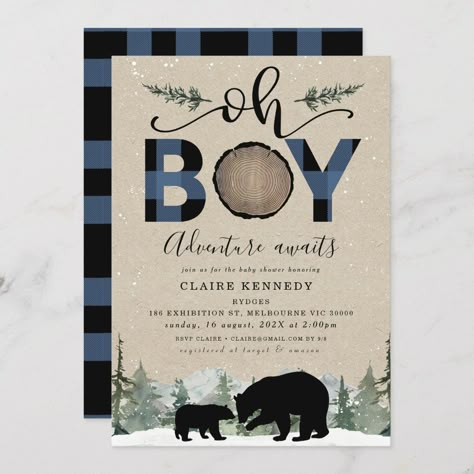 Lumberjack Baby Shower Invitations, Twin Boys Baby Shower, Plaid Baby Shower, Lumberjack Baby Shower, Lumberjack Baby, Boys Flannel, Baby Flannel, Buffalo Plaid Pattern, Bear Silhouette