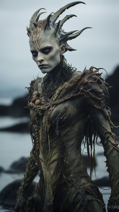 scary and beautiful, needs more andro, and fresher green, darker eyes maybe Mythical Creatures Costumes, Mermaid Knight, Scary Siren, Sea Hag, Sea Monster Costume, Female Sea Monster, Siren Art Scary, Undead Sea Monster, Scary Mermaid