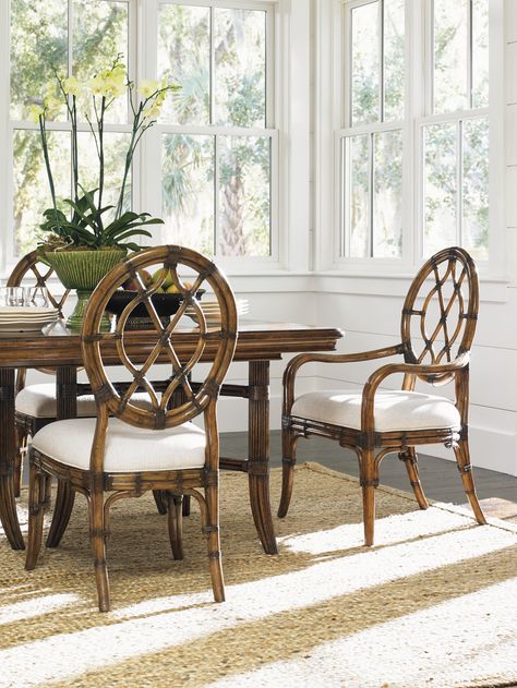 Cedar Key Oval Back Side Chair | Lexington Home Brands Tropical Dining Room, Cedar Key, British Colonial Decor, Brown Armchair, Bali Hai, Tommy Bahama Home, Lexington Home, Colonial Decor, Rectangular Dining Table