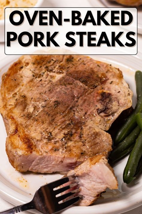 Easy oven baked pork steaks recipe is so good you don't need to serve it with gravy. Choose a bone in cut and simple seasonings for a delicious dinner recipe perfect for busy weeknights. Bake Pork Steaks In Oven, Oven Roasted Pork Steaks, Easy Oven Baked Pork Chops Bone In, Oven Bone In Pork Chops, Pork Shoulder Steak Recipes Oven Baked, Oven Baked Pork Steaks Recipes, How To Cook Pork Steaks In The Oven, Bone In Pork Steak Recipes, Oven Pork Steaks