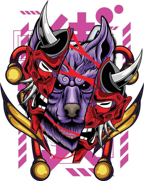 Wolf Japanese 5.4 Japanese Wolf, Wolf Cartoon, Oni Samurai, Gorillas Art, Japanese Graphic, One Piece Tattoos, Retro Gaming Art, Vector Art Design, T Shirt Design Template