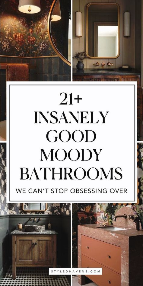 Searching for the best moody bathroom inspo? It's no secret moody bathrooms are trending for 2025 - the deep, jewel tones and rich character are all over the world of modern bathroom design. If you love a good dark bathroom style, these hand-picked bathrooms are for you - including ideas for bathroom decor! (Save to your bathroom interior design board for later!) Dark Half Bath, Witchy Bathroom Ideas, Dark Moody Bathroom, Dark Academia Bathroom, Moody Bathrooms, Moody Bathroom Ideas, Small Dark Bathroom, Powder Bathroom Ideas, Half Bath Design