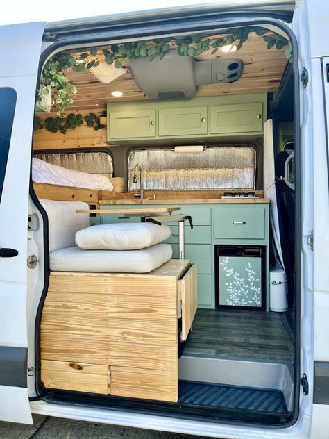 Would you love to own an Instagram-worthy campervan made for 1-2 people to travel full-time and work remotely? Perhaps also a van with stealth off-grid capabilities, tons of storage, a stationary bed, nice craftsmanship, and mostly new inside? This is your van! ✅ LOCATION FLEXIBLE: I’m open to delivering this van within the southeastern US. ✅ PRICE […] Sage Green Camper Van Interior, Van Life Clothes Storage, Small Campervan Interior Ideas, Promaster Van Conversion, Van Inside, Dog Gates For Stairs, Cargo Van Conversion, Van Builds, Caravan Living