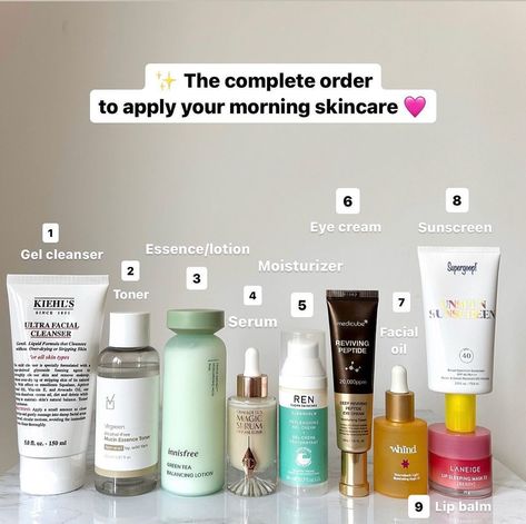 The complete order to apply your skincare in the morning 💕 a very extensive routine example to showcase as many beauty products as possible 🥰  In order of application: 1) Cleanser 2) Toner 3) Essence/lotion 4) Serum 5) Moisturizer 6) Eye cream (can be exchanged with moisturizer’s place depending on your preference & thickness) 7) Facial oil 8) Sunscreen 9) Lip balm 😍 beauty products unique, face cream essentials, non toxic body care products 👍 #skinception #antiaging #shopnow Morning Skincare, Body Care Products, Morning Skin Care Routine, Gel Cleanser, Facial Oil, Non Toxic, Skin Type, Eye Cream, Facial Cleanser