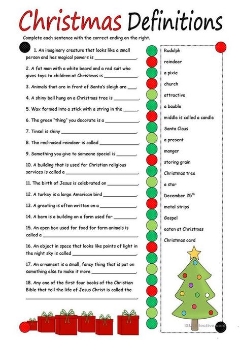 This ESL worksheet with Christmas definitions is great for teaching your students more about Christmas, its customs, and how it is celebrated. Christmas Definition, Christmas Elementary, Xmas Games, Christmas Word Search, Christmas Lesson, Christmas Trivia, Christmas Worksheets, Fun Christmas Games, Holiday Games