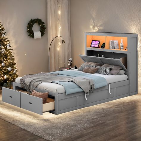 Bedframe Ideas, Led Headboard, Functional Headboard, Headboard Wood, Makeover Bedroom, Platform Bed With Storage, Bed With Storage, Beds And Headboards, Kids Bedrooms