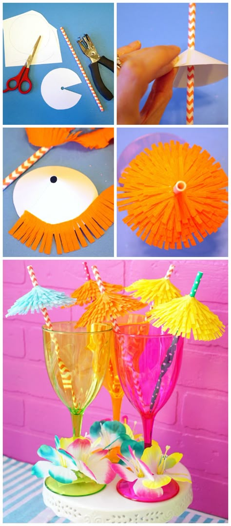 Super cute DIY Tiki Drink Umbrella Straws! Perfect for summer cocktail parties! Quick and easy party craft idea! Hawai Party, Tropisk Fest, Summer Party Diy, Diy Cocktail Bar, Tiki Drink, Drink Umbrellas, Tropical Birthday Party, Aloha Party, Hawaiian Party Decorations