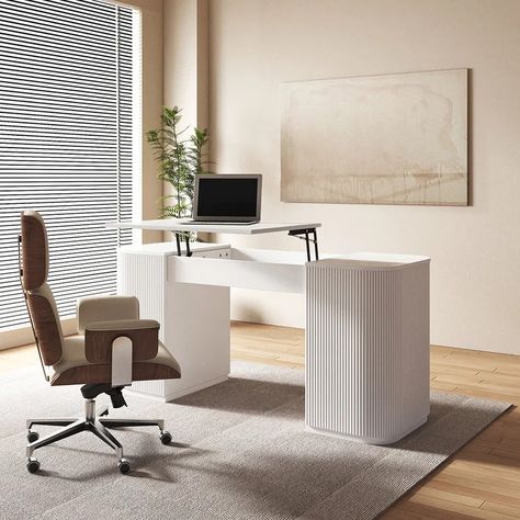 Modern White Standing Computer Desk with 2 Doors and Storage Office Desk Shared Home Office Standing Desk, Standing Desk Leg Cover, Hidden Standing Desk, Small Office Ideas Business Decor Work Spaces Interior Design, Hidden Desk In Living Room, Warm Office Decor, Standing Desk With Storage, Modern Standing Desk, Standing Desk Home Office