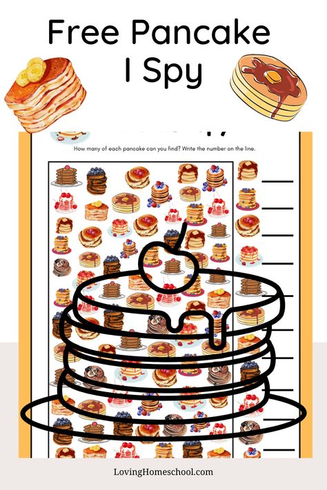 Enjoy our Pancake I Spy Printable for National Pancake Day or any day you would like a Pancake themed I Spy puzzle! I Spy puzzles are fun any day! Eric Carle Pancakes Pancakes Activities, Pancake Activities For Preschool, Pancake Crafts For Kids, Pancake Day Crafts For Toddlers, Pancake Day Games, Pancake Craft, Pancake Day Activities, Pancake Activities, Pancake Day Crafts