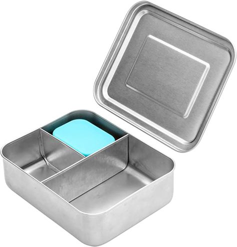 Amazon.com: WEESPROUT 18/8 Stainless Steel Bento Box (Compact Lunch Box) | 3 Compartment Metal Lunch Containers for Kids/Adults | Bonus Dip Container | Germ-Resistant Bento Box | Fits in Lunch Bag/Backpack: Kitchen & Dining Idea Kitchen Design, Clean Lunch, Stainless Steel Bento Box, Lunch Box With Compartments, Bento Box Kids, Plastic Food Containers, Usb Design, Fabric Napkin, Metal Lunch Box