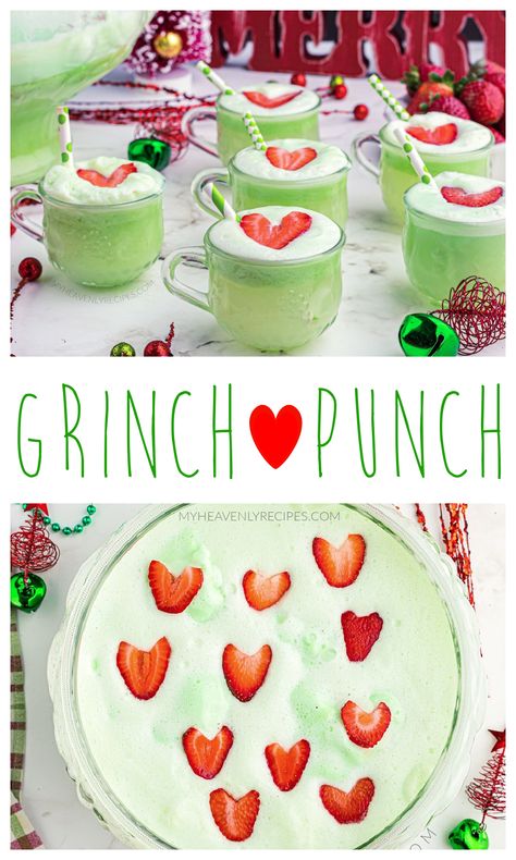 Snacks For Christmas Party For Kids, Red And Green Dinner Christmas, Grinch Recipes For Kids, Grinch Day Snacks Kids, Kid Friendly Grinch Punch, Christmas Punch For Kids Easy, Christmas Punch Sherbert, The Grinch Party Food, Whoville Christmas Dinner