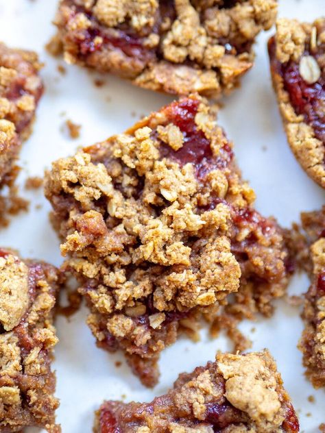 Peanut Butter And Jelly Granola, Jam Breakfast Bars, Leftover Jelly Recipes, Peanut Butter And Jelly Breakfast, Peanut Butter And Jelly Oatmeal Bars, Peanut Butter And Jelly Oatmeal Cookies, Jam Snacks, Strawberry Jam Dessert Recipes, Peanut Butter And Jam Bars