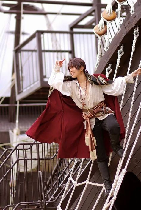 Sailing Pose Reference, Pirate On Ship Pose, Princely Poses, Cape Poses Reference, Pirate Pose Reference Photo, Pose Reference Pirate, Sailor Pose Reference, Sailor Oc Male, Music Conductor Outfit