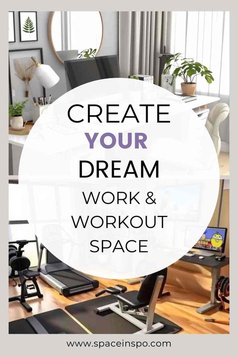 Create your dream work and workout space in one! This layout is ideal for maximizing small spaces, providing everything you need to stay active and productive. See more at spaceinspo.com, and don’t forget to save this for later! 🌱🏋️ Home Office Plus Gym, Home Office And Exercise Room Combo, Office With Workout Space, Home Gym Office Combo Small Spaces, Home Office Gym Combo Ideas, Office And Gym Room Combo, Workout Office Room Ideas, Workout Room Office Combo, Workout And Office Room Ideas